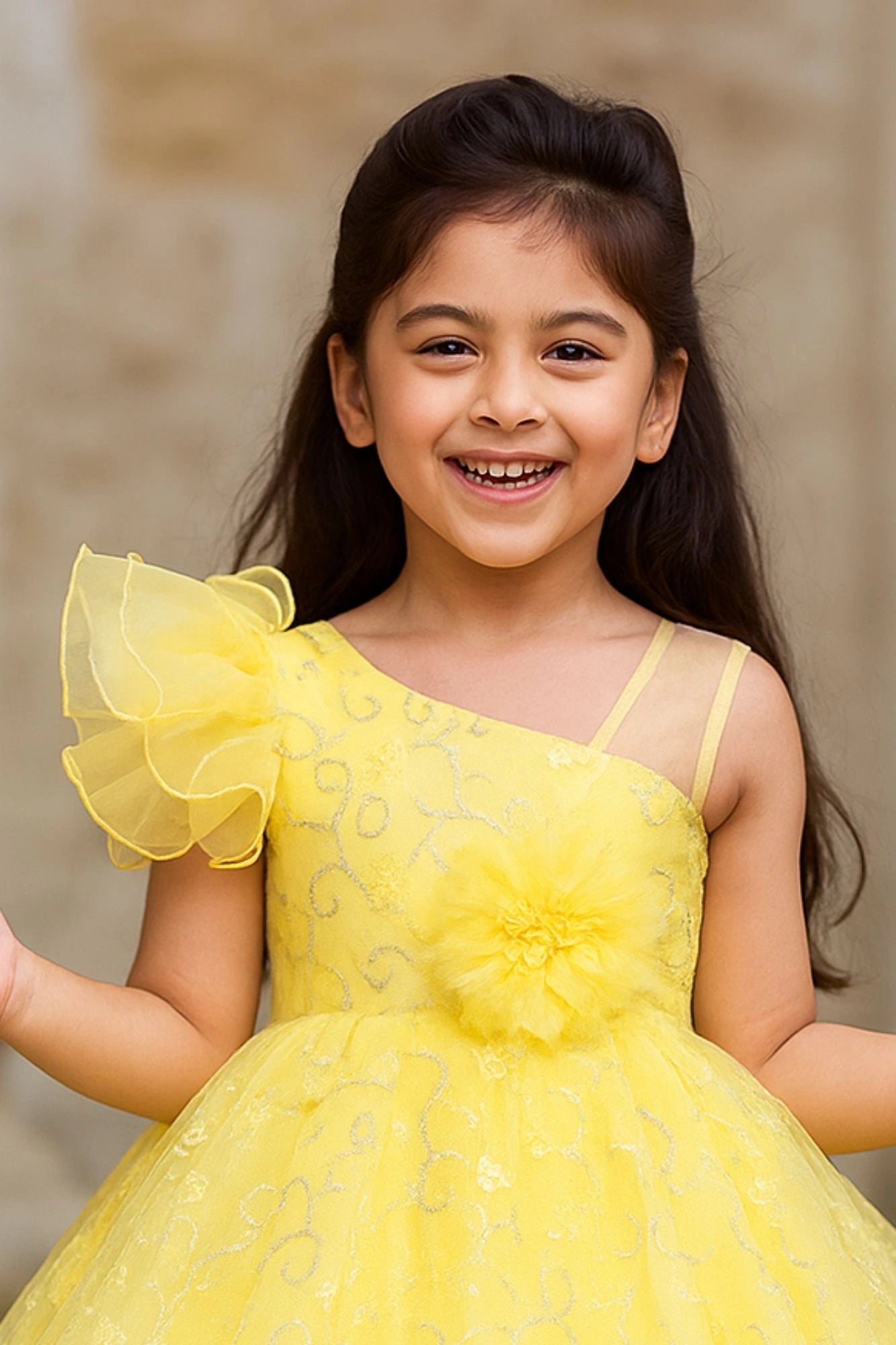 Yellow One-Shoulder Sequins Embroidered Party Frock with Floral Accent For Girls