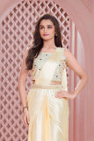 Designer Cream Pre Draped Saree with Embellished Blouse For Girls
