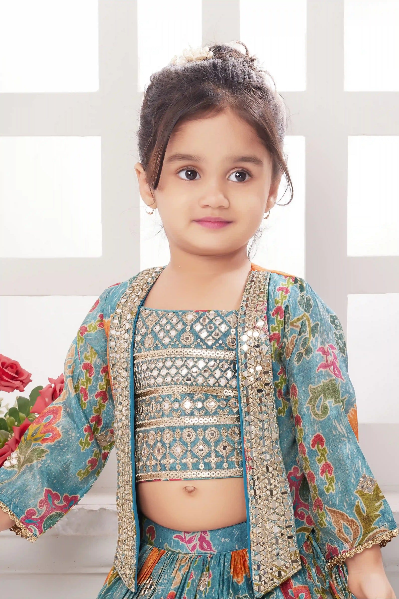 Turquoise Multicolor Printed Lehenga Set with Mirror Work Jacket For Girls