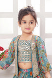 Turquoise Multicolor Printed Lehenga Set with Mirror Work Jacket For Girls