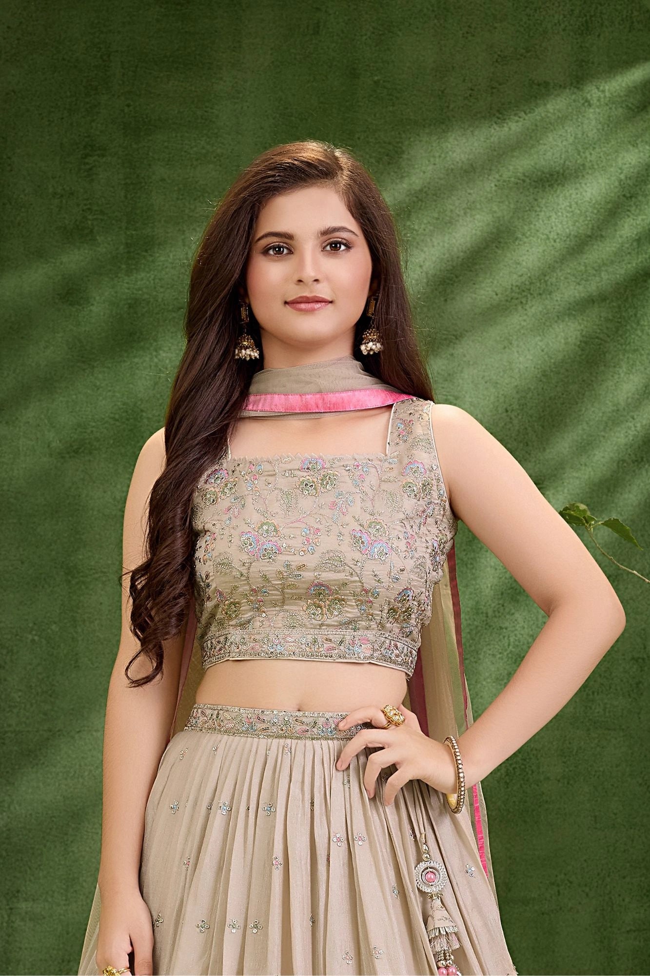 Premium Cream Embroidered Lehenga Choli with Dupatta For Girls