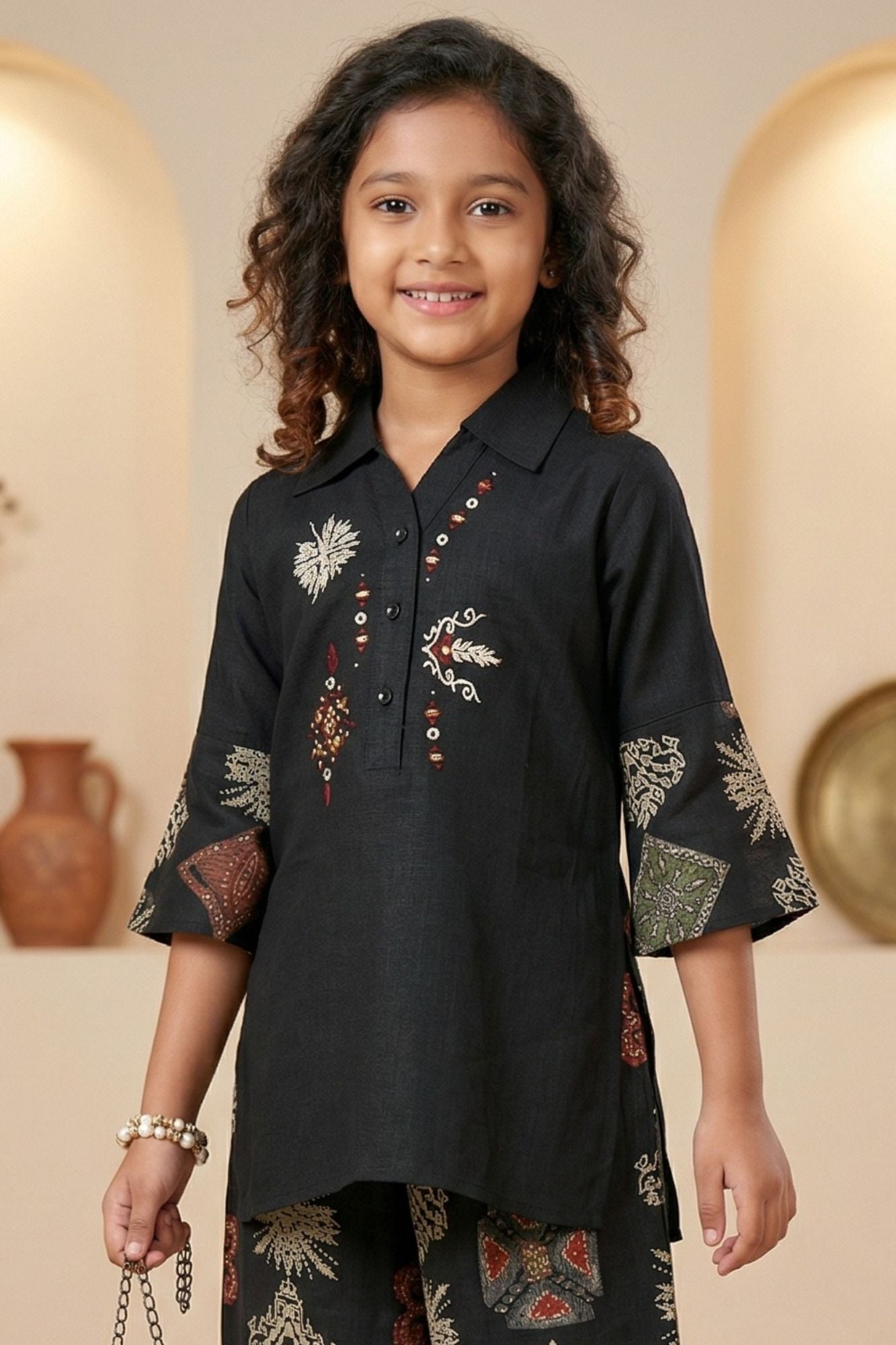 Black Ethnic Printed Co-Ord Set For Girls