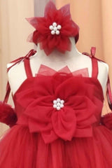 Red Sleeveless And Floral Embellished With Pearls Work Frock For Girls