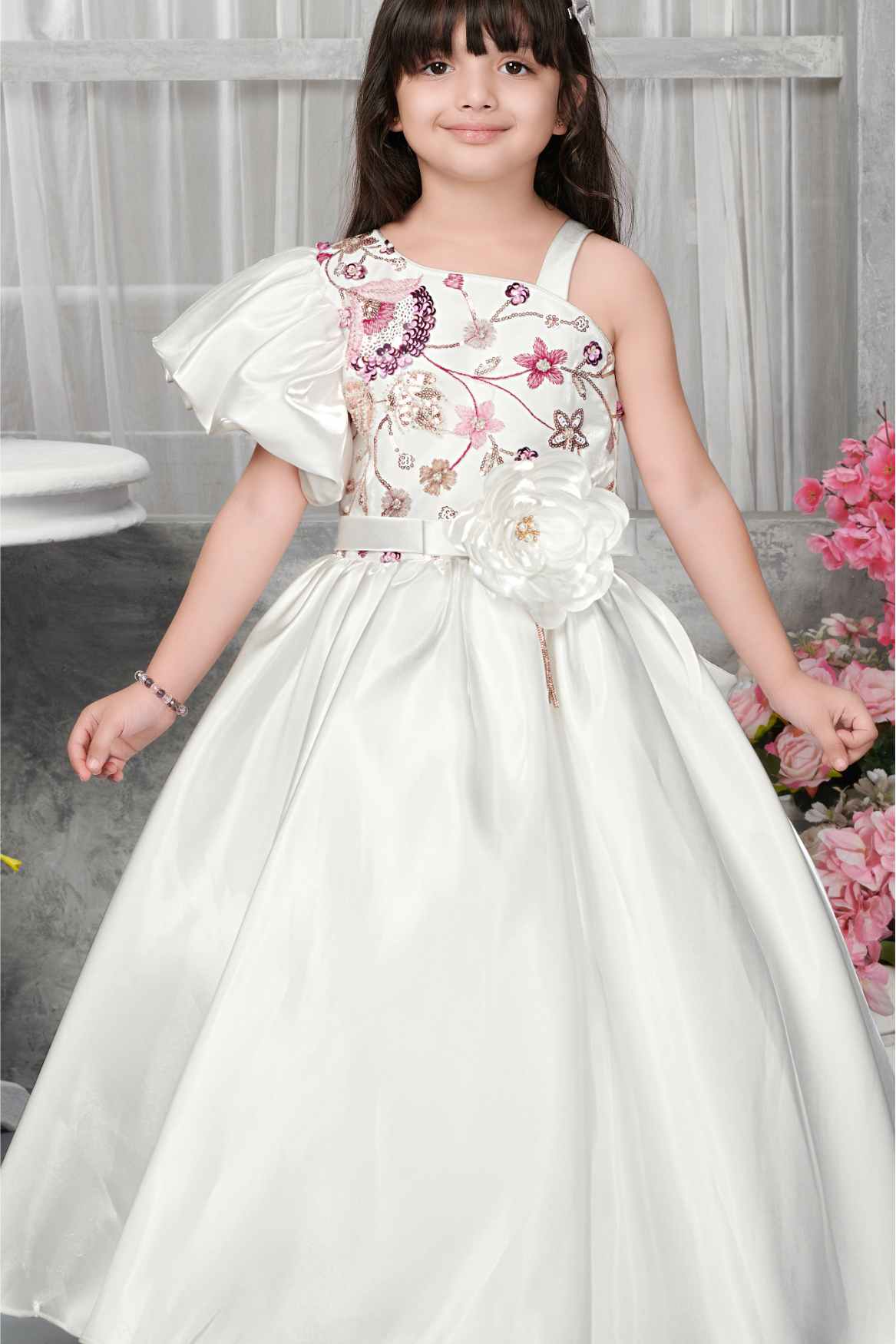 Elegant Cream Party Gown With Puffy Sleeves And Sequins Work For Girls