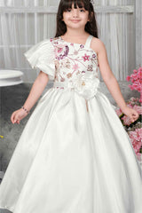 Elegant Cream Party Gown With Puffy Sleeves And Sequins Work For Girls