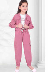 Classic Onion Pink Overcoat With T shirt And Bottom Set For Girls