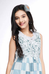 Blue Breeze Floral Checkered With Embroidered Bodice Dress For Girls