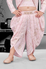 Stylish Pink Printed Dhoti Set With Over Coat For Girls