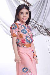 Stylish Peach Printed Co Ord Set For Girls