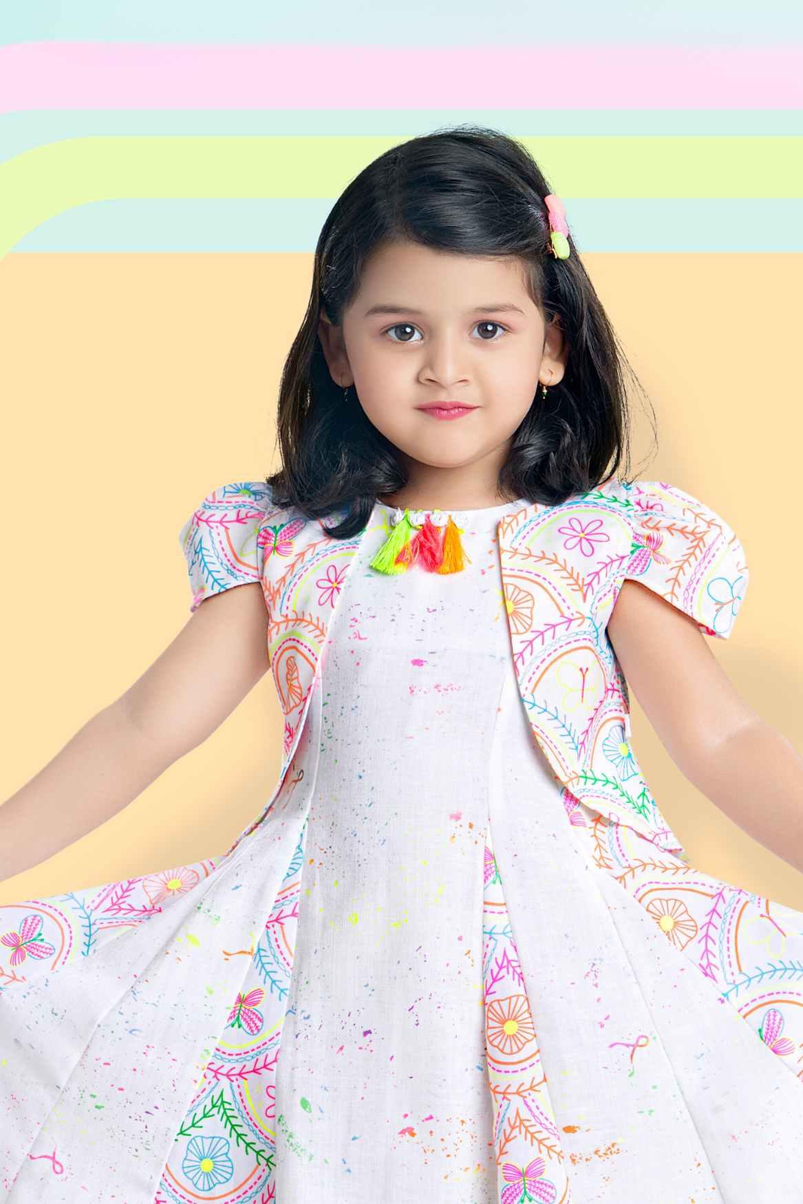 Cute Printed White Frock With Puffed Sleeves For Girls - Lagorii Kids