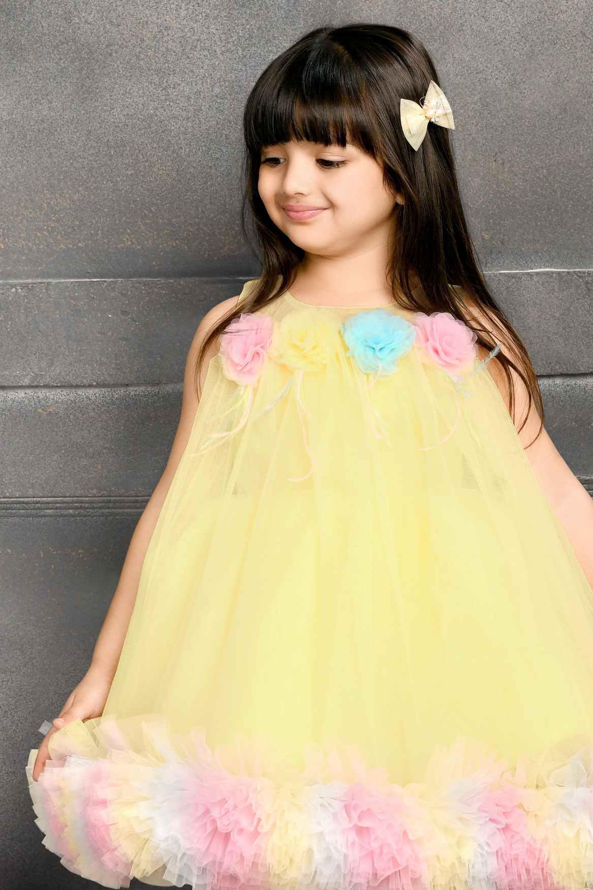 Yellow Net Frock Embellished With Floral For Girls - Lagorii Kids