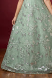 Mint Blue Floral Embroidered Party Gown For Girls