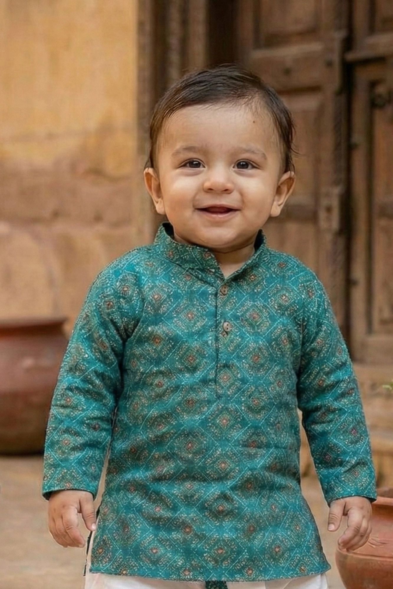 Teal Ethnic Printed Kurta Dhoti Set for Boys