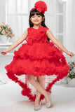 Red Sleeveless And Sequins Worked With Floral Embellished Tail Back Frock For Girls