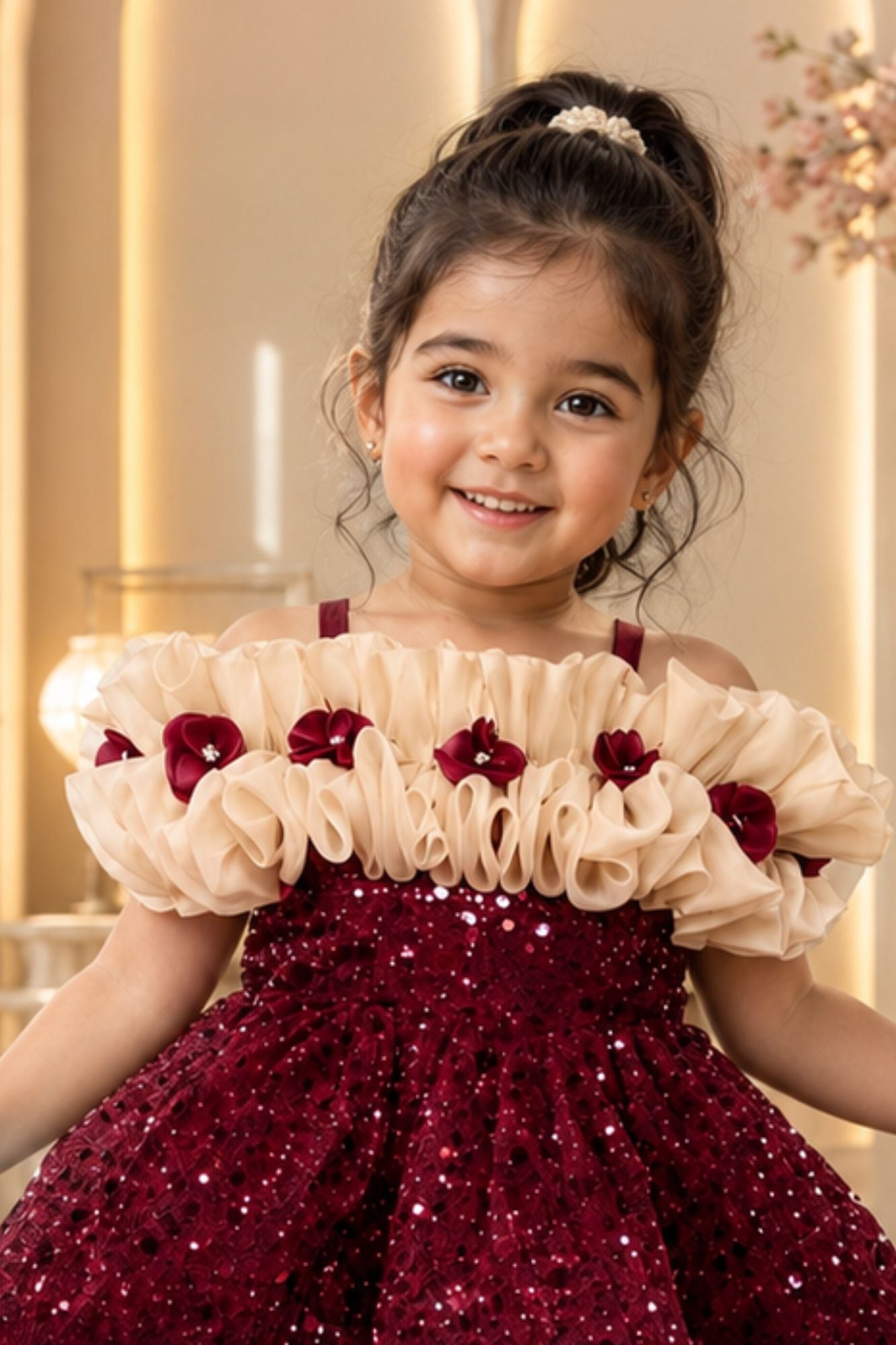 Girls Maroon Sequin Embellished Ruffle Party Frock