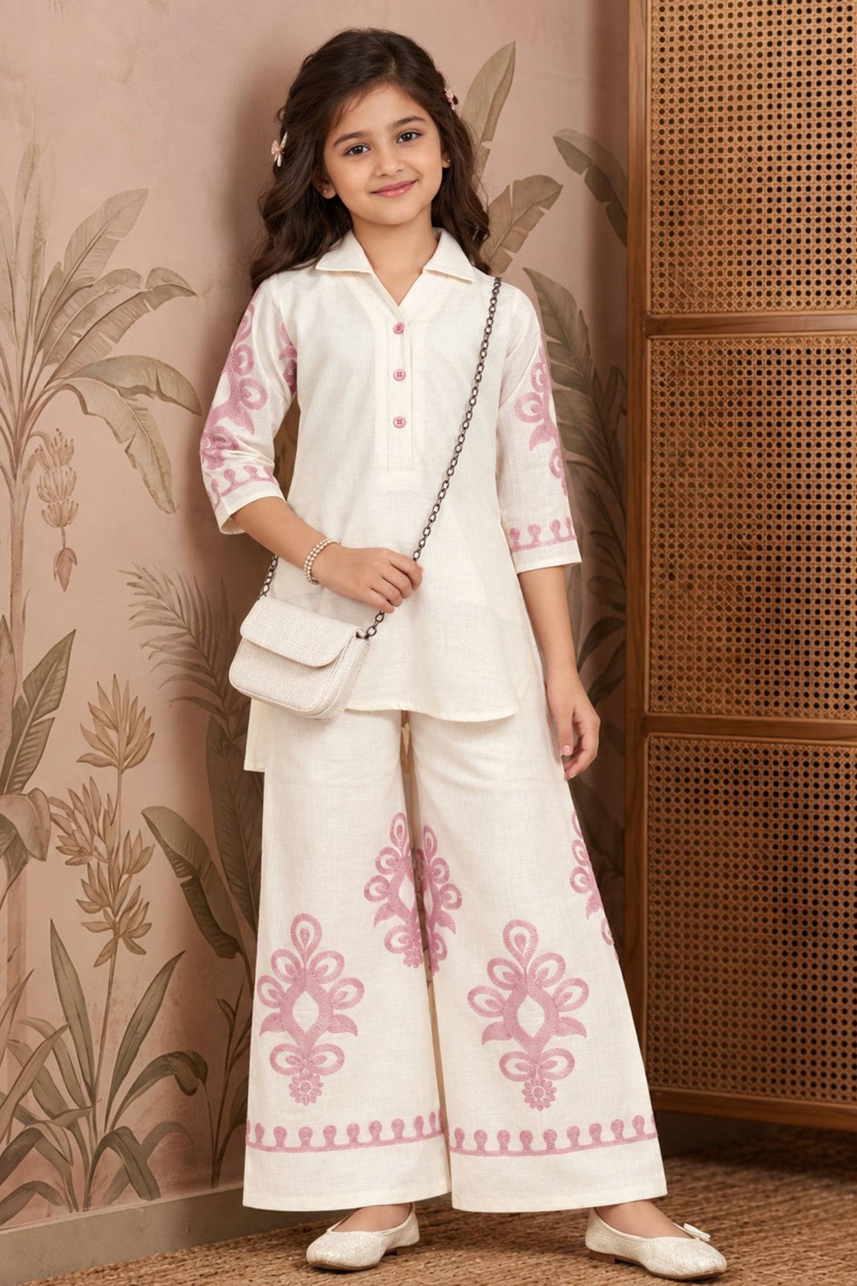 Girls Cream With  Pink Embroidered  Printed Kurta Palazzo Set Set For Girls