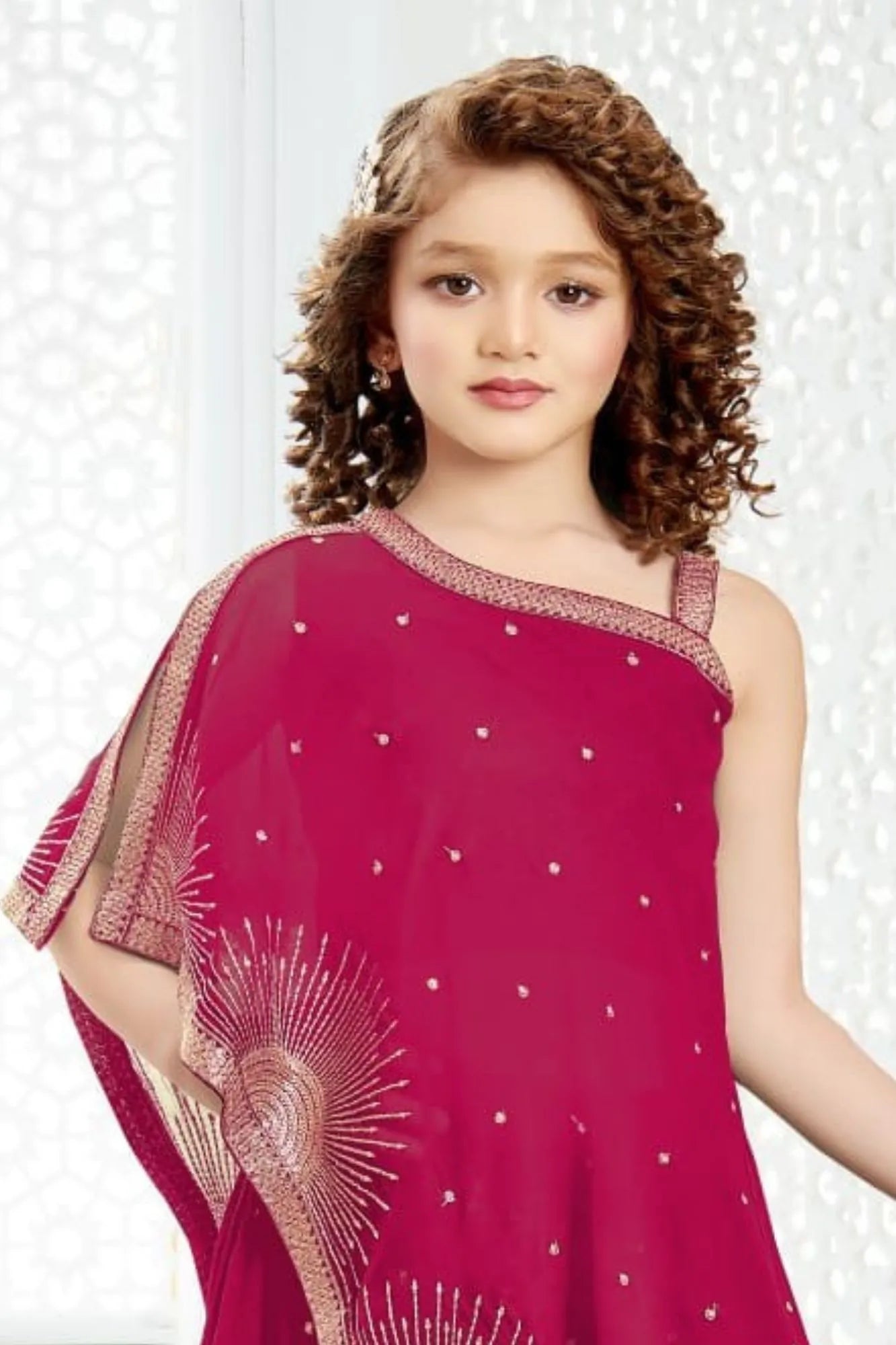 Designer Rani Pink Embellished One-Shoulder Palazzo Set For Girls