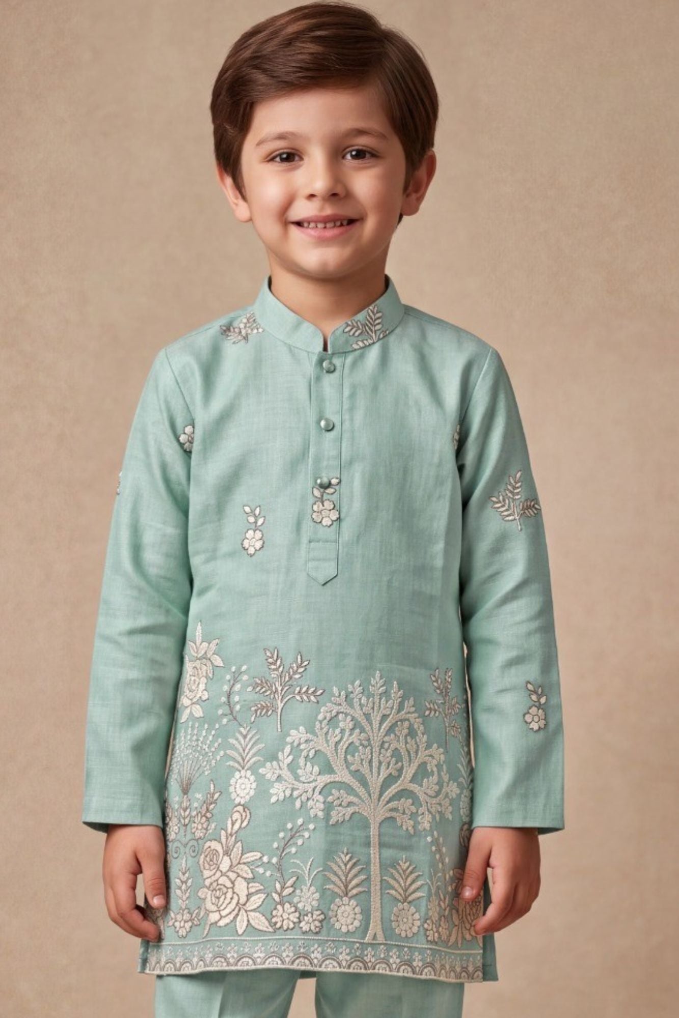 Boys Sage Green Kurta Pajama Set With Floral Thread Embroidery