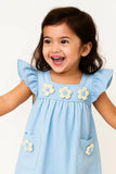 Sky Blue Cotton Dress with 3D Flower Appliqué For Girls