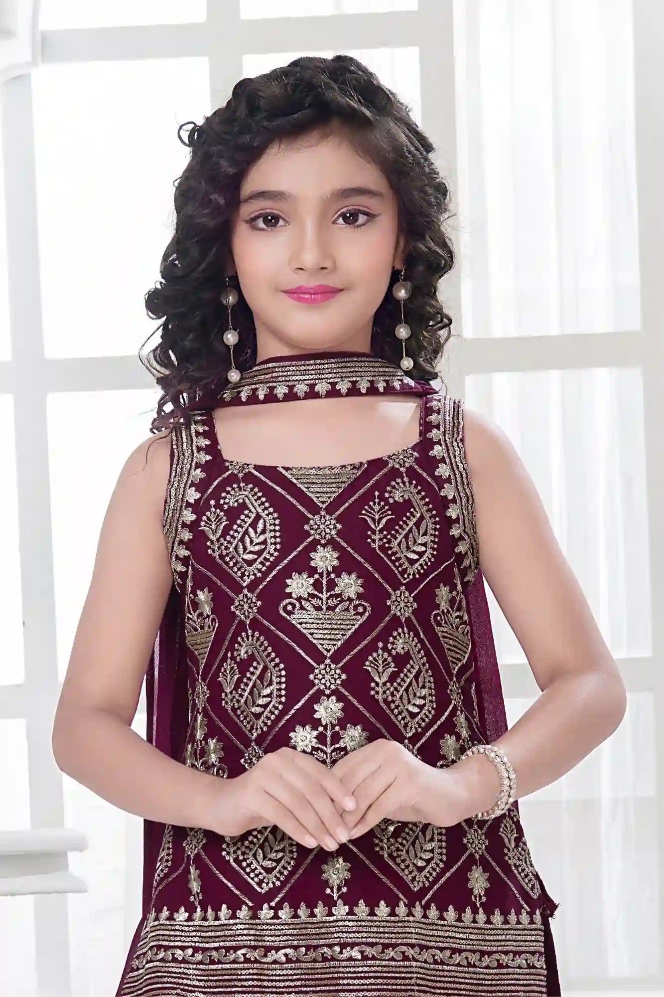 Wine Palazzo Set with Zari Embroidered Kurti and Dupatta For Girls
