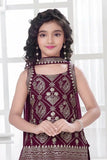 Wine Palazzo Set with Zari Embroidered Kurti and Dupatta For Girls