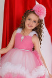Pink Ruffle Party Frock With Stone Embellished And High-Low Hem For Girls