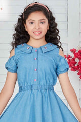 Fancy Denim Dress With Flat Collar For Girls