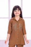Brown Casual Top With Matching Straight Pant Set For Girls