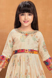 Designer Beige And Rani Pink Floral Printed Ethnic Gown With Multicolor Borders For Girls