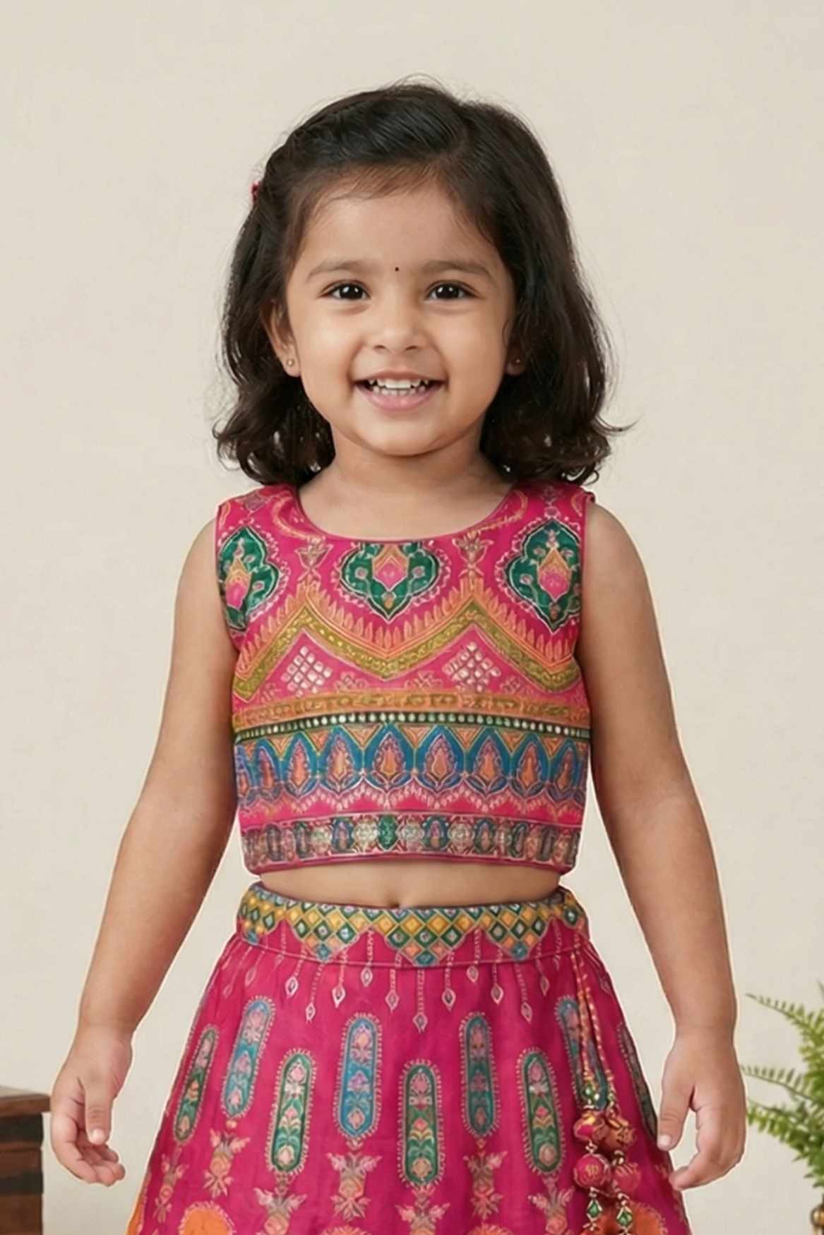 Rani Pink and Orange Embroidered Lehenga Choli with Dupatta For Girls