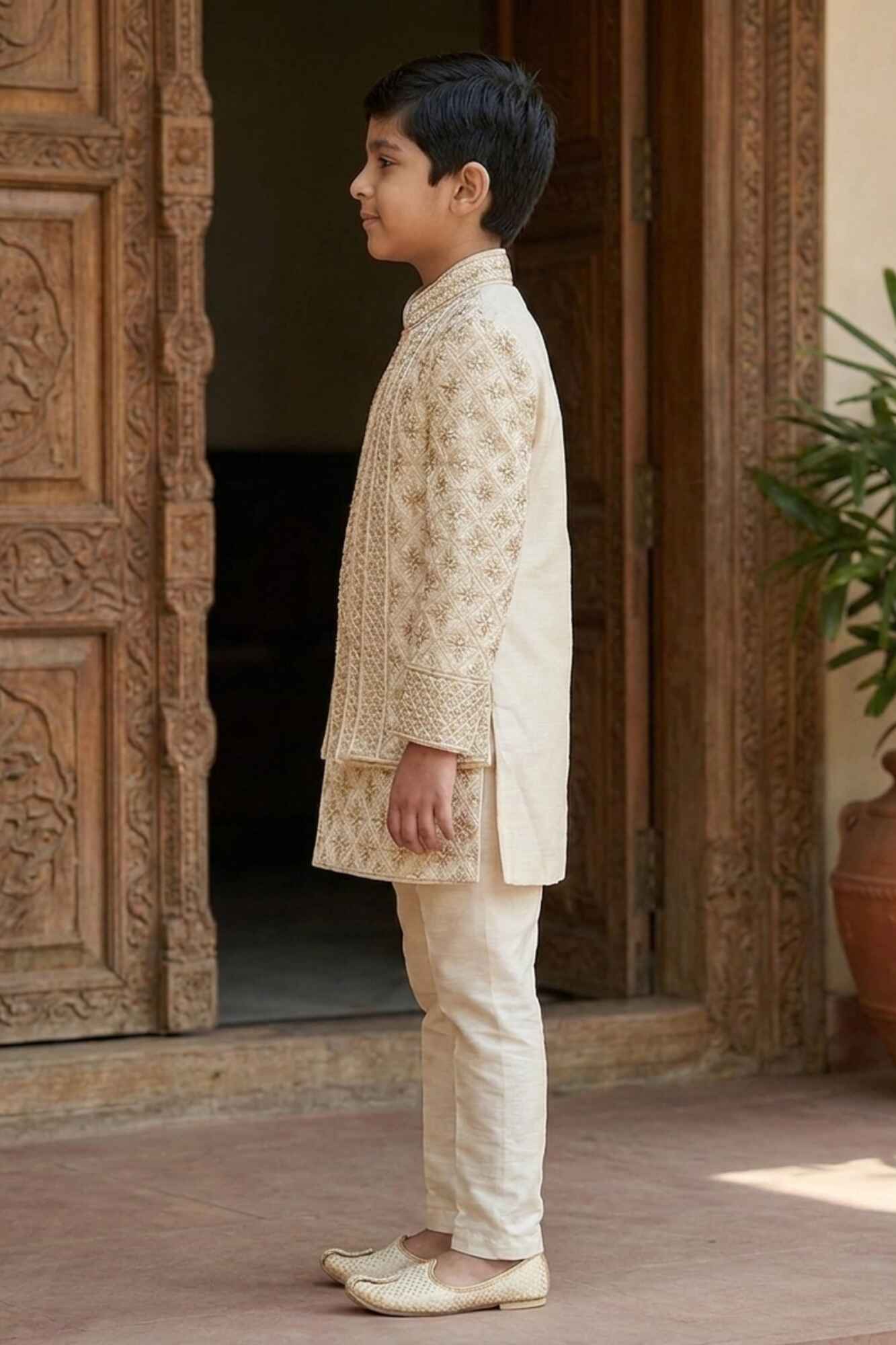 Cream Embroidered Indo Western Sherwani Set For Boys