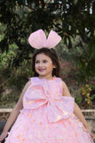 Peach Party Wear Gown With Sequin Flowers And Giant Bow For Girls