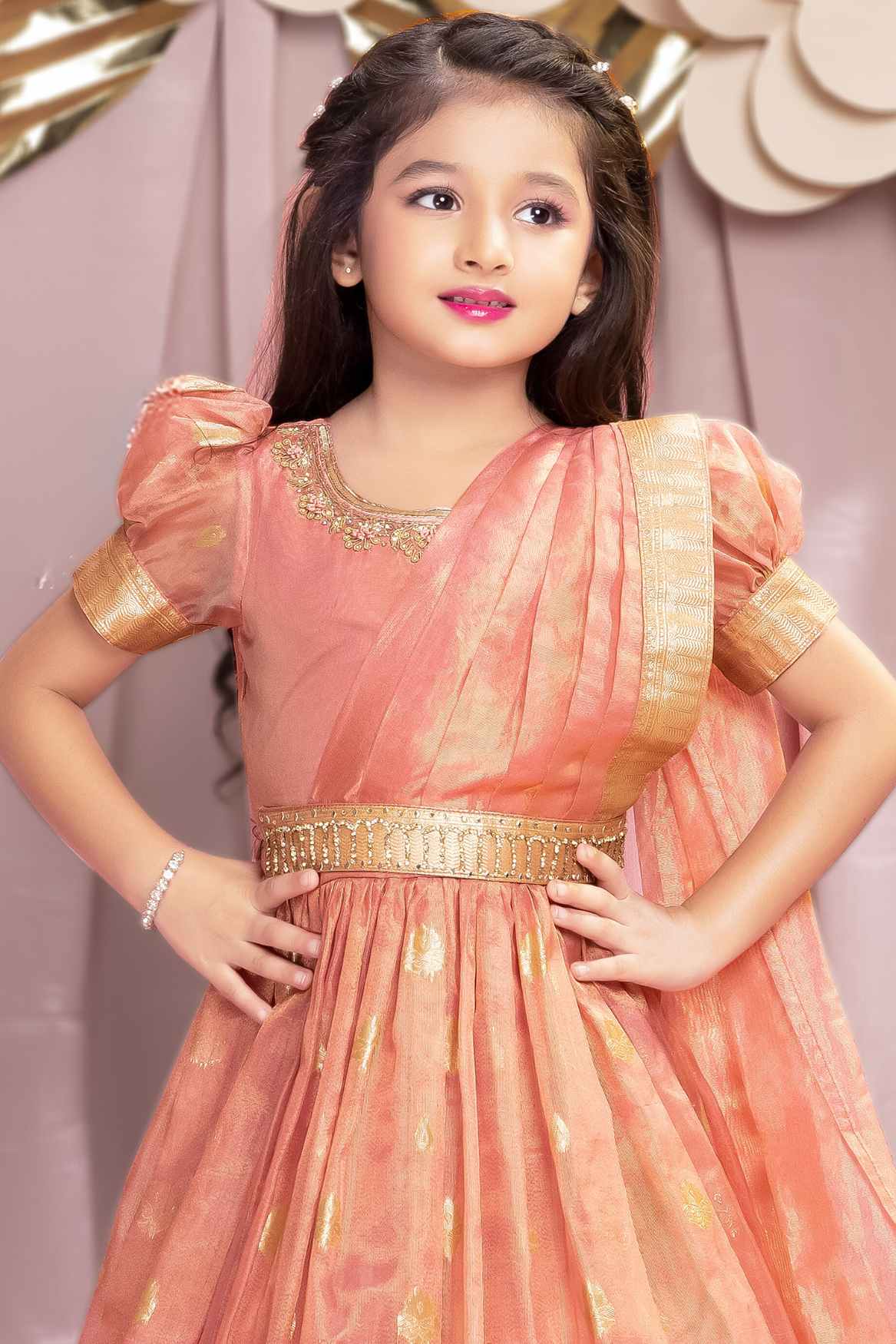 Ethnic Pink Brocade Gown With Sequin Embroidery For Girls