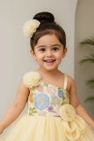 Yellow Embroidered Ruffle Party Frock with Floral Accents For Girls