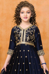 Navy Blue Sequins Work And Zari Embroidered Ethnic Gown For Girls