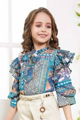 Blue 3/4th Sleeves Printed Crop Top With Cream Pant Set For Girls