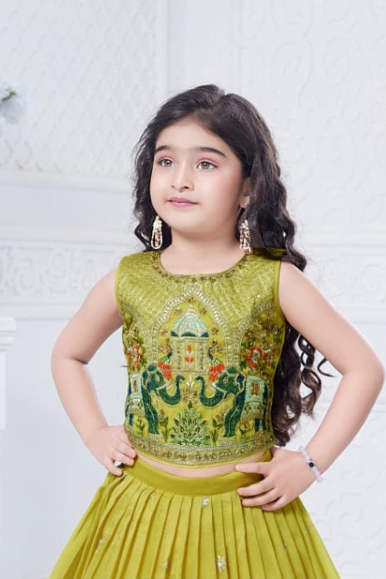 Mustard Yellow  Elephant Embroidered Lehenga Choli Set for Girls