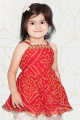 Red Bandhani Printed Top With Dhoti Set For Girls