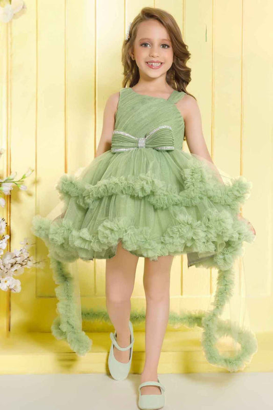 Green Ruffle Party Frock With Bow Embellishment For Girls