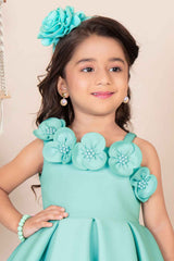 Sea Green Sleeveless With Floral Embellishment And Pearl Gown For Girls