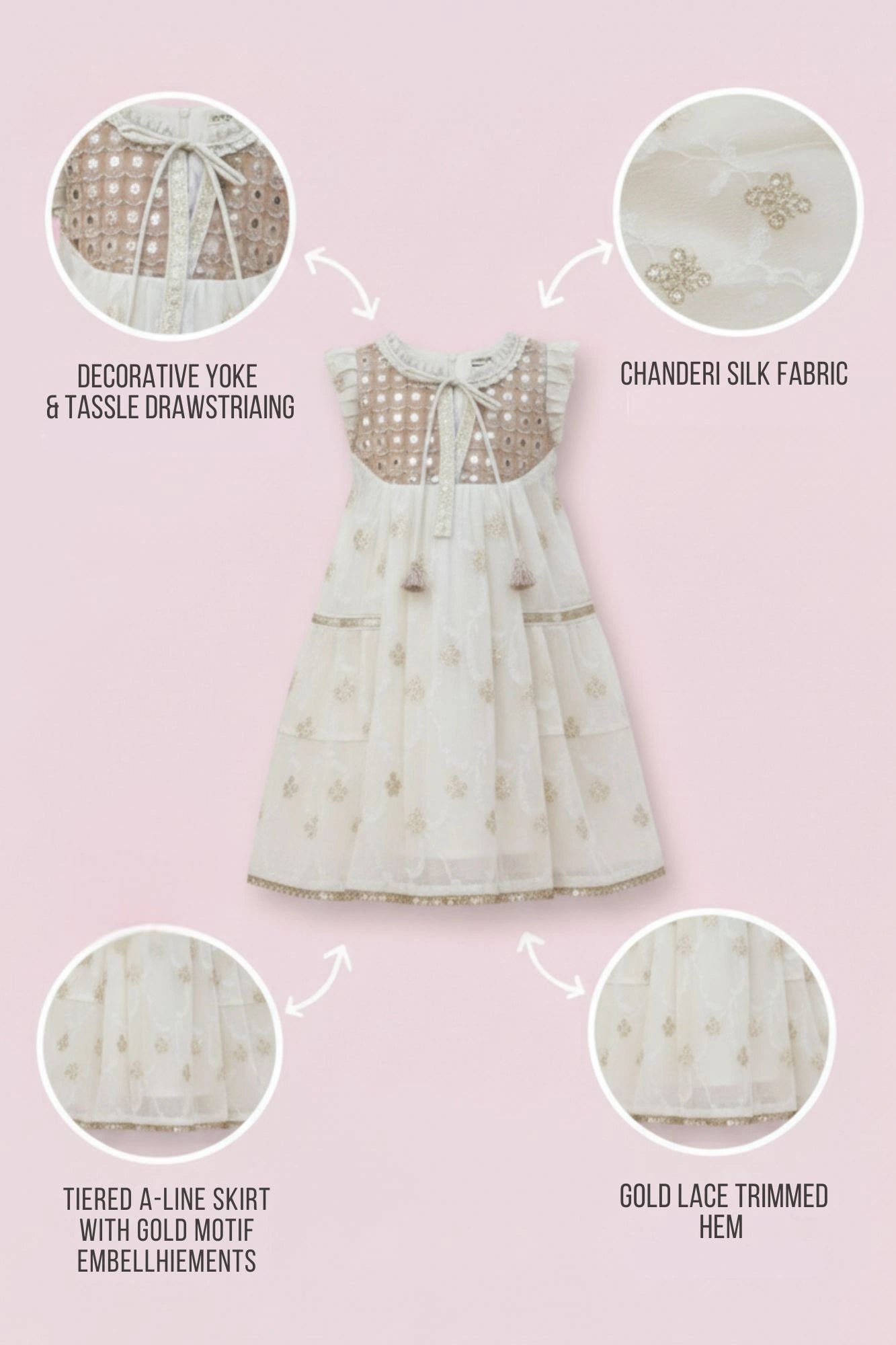 Cream Zari Embroidered Dress  For Girls