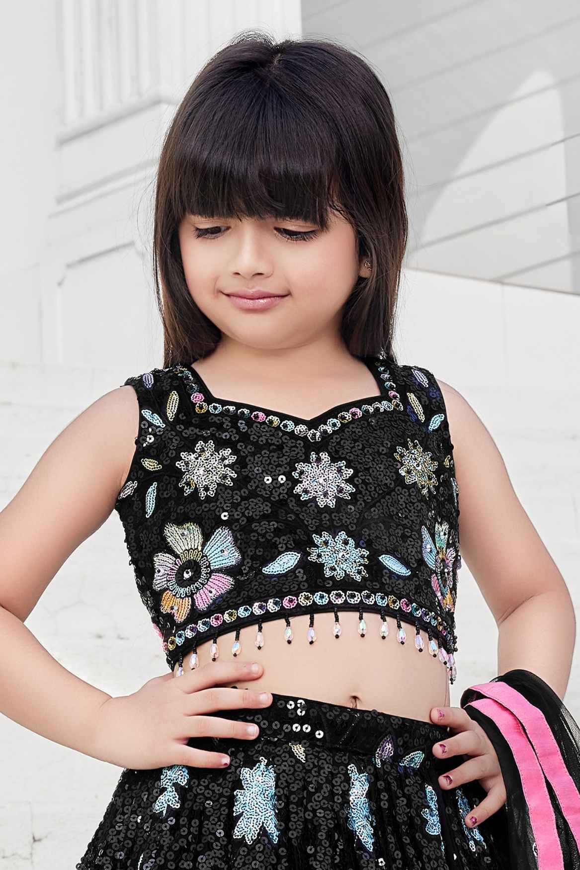 Black Sequins Work And Bead Work Lehenga Choli For Girls