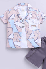 Fawn Printed Shirt And Shorts Set With White T-shirt For Boys