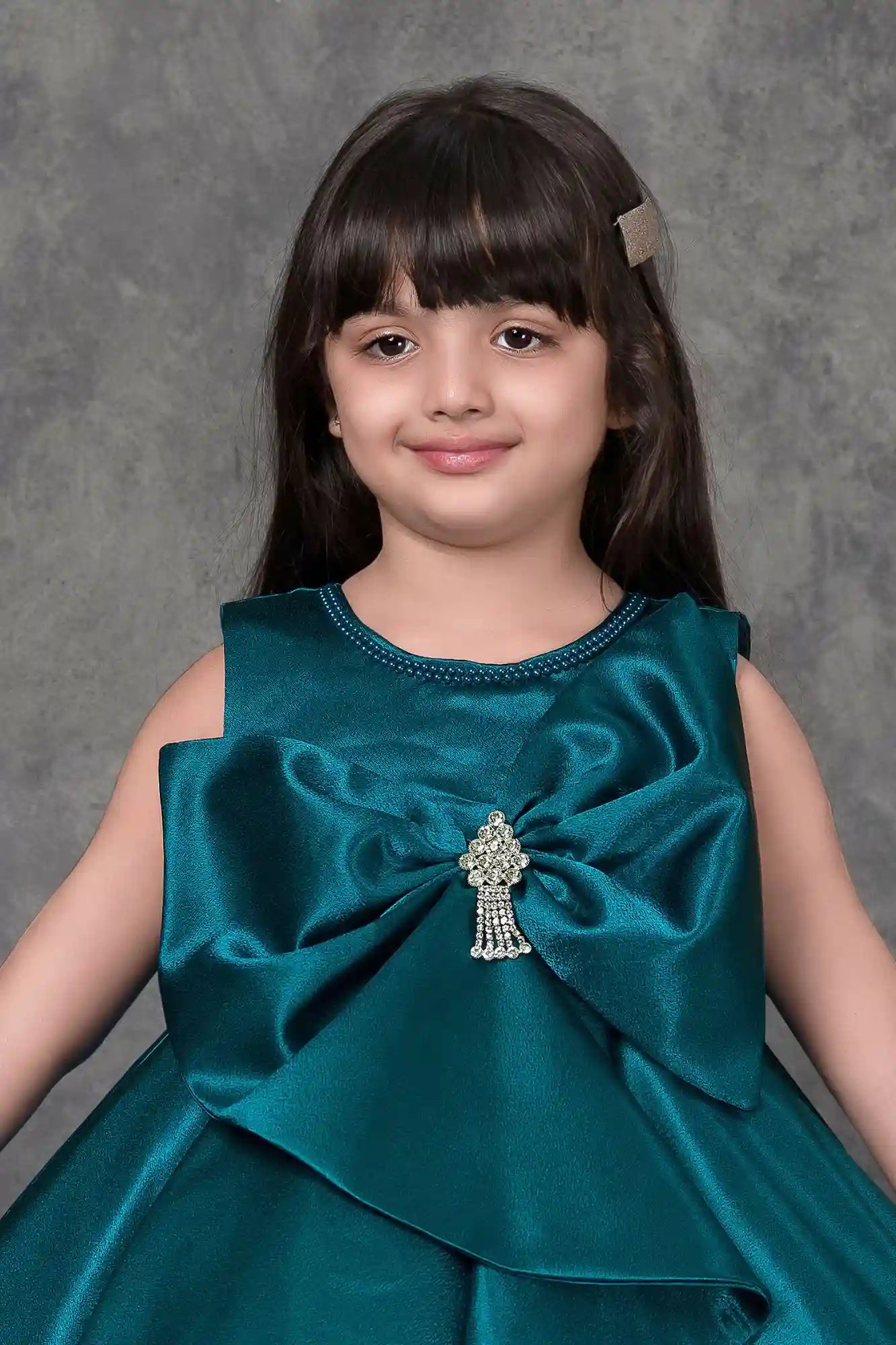 Teal Blue Party Dress with Oversized Bow And Stone Brooch For Girls