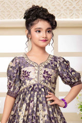 Purple Gown With Printed And Embroidery Work For Girls