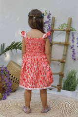 Red Ruffle Sleeveless Smocked Frock For Girls