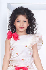 Cream Floral Embroidery Top And Skirt Set For Girls