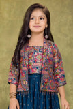 Teal Blue Printed Palazzo Set with Multicolor Jacket For Girls
