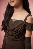 Coffee Brown Glitter Cold-Shoulder Mermaid Gown with Matching Arm Sleeves For Girls