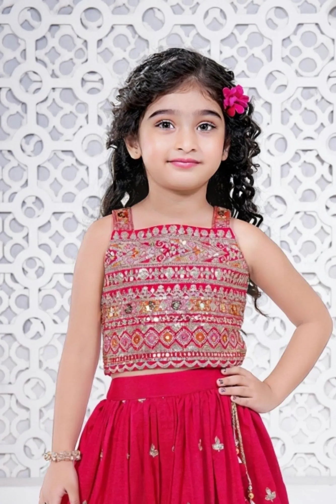 Red Sequins Embroidered Lehenga Choli Set for Girls